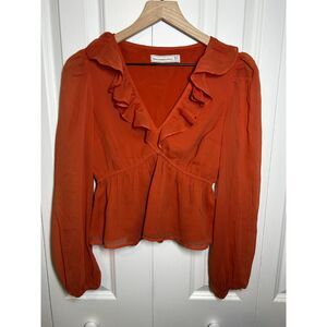 Abercrombie & Fitch Burnt Orange Ruffle V-Neck Long Sleeve Babydoll Blouse - XS